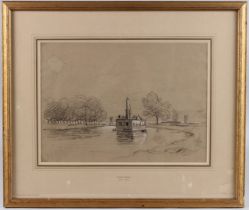 ATTRIBUTED TO HENRY BRIGHT Dredger on a broadland river, charcoal heightened with white, 25cm x