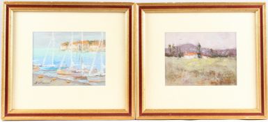 ALEXEI MIKHAYLOV Moored boats on a beach and a landscape with red roofed cottages, two oils on