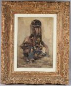 ANDRE PETROFF (1894-1975) Figures in a doorway, oil on board, signed, 31.5cm x 44.5cm