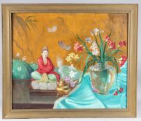 MODERN BRITISH SCHOOL Still life with Chinese figure, incense burner, flowers and butterlies, oil on