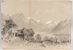 19TH CENTURY SCHOOL Alpine lake side view, possibly northern Italy. lithographic print heightened