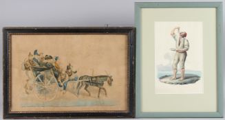 MICHELA DE VITO A man eating spaghetti, with Vesuvius beyond, watercolour, signed, 23.5cm x 15cm and