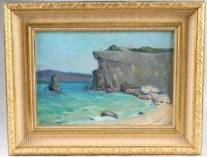 PAVEL BOGDANOV (1912-1996) Coastal view with figures on a cliff top, oil on board, signed and