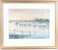 STUART J NEAL 'Dawn Moorings', pastel, and another of a bridge over a stream, both signed, one