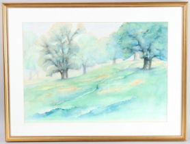 20TH CENTURY SCHOOL Trees in a park, watercolour, 40cm x 58cm