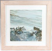 ANNE PHELPS Wintry rural landscape with cottages, acrylic on board, signed, 30.5cm x 30.5cm