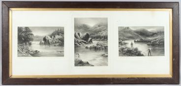 DOUGLAS ADAMS Salmon fishing in the Highlands, photogravure triptych on India paper, each signed