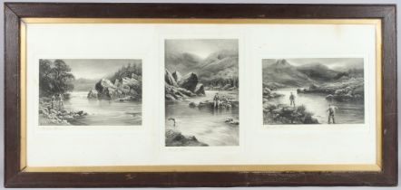 DOUGLAS ADAMS Salmon fishing in the Highlands, photogravure triptych on India paper, each signed