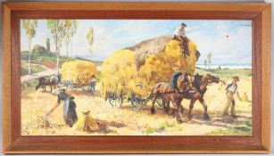 LEO FONTAN (1884-1965) Haymaking scene, oil on canvas, signed, 50cm x 99cm