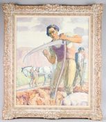 HAROLD DEARDEN (1888-1962) A farmer shapeneing his scythe, oil on canvas, signed, 59.5cm x 49cm