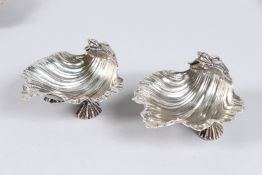 A GOOD PAIR OF CAST SILVER SHELL SHAPE SALT CELLARS, with shell cast feet, London 1827, maker PAUL