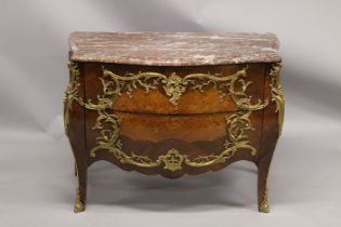 A VERY GOOD LOUIS XVI KINGWOOD AND MARQUETRY BOMBE COMMODE with marble top, two deep drawers with