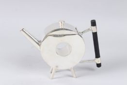 A CHRISTOPHER DRESSER STYLE PLATED CIRCULAR SHAPE TEAPOT.
