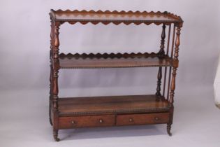 A GOOD VICTORIAN ROSEWOOD THREE TIER WHATNOT, with two galleried shelves, an undertier with two