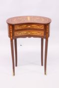 A FRENCH STYLE MARQUETRY INLAID TWO DRAWER, KIDNEY SHAPED OCCASIONAL TABLE. 2ft 6ins high x 12ft