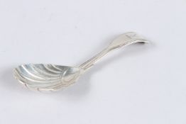 A SILVER FIDDLE AND THREAD PATTERN CADDY SPOON, with shell shape bowl, London 1861, maker GA, 4¼in