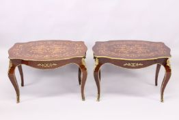 A PAIR OF FRENCH STYLE MAHOGANY, MARQUETRY AND ORMOLU COFFEE TABLES.. 2ft 6.5ins x 1ft 9ins wide x
