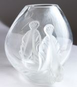 A LALIQUE GARANCE CRYSTAL VASE created by Marie Claude, Lalique with two frosted iris blossom.