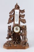 A VERY GOOD BLACK FOREST CLOCK AND BAROMETER set in a Black Forest carving of two bears and a