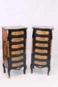 A PAIR OF BOULLE STYLE SIX DRAWER PEDESTAL CHESTS, with ormolu mounts, 3ft 9.5in high x 1ft 8in wide