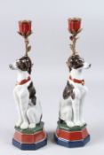A PAIR OF AMUSING PORCELAIN CANDLESTICKS, modelled as seated dogs, 13.5in high.
