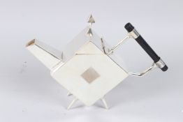 A CHRISTOPHER DRESSER STYLE PLATED DIAMOND SHAPE TEAPOT.