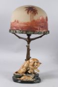 LOUIS ALBERT CARVIN (1875 - 1951) A GOOD CAMEO GLASS LAMP with Egyptian scene, on a metal base