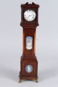 A VERY GOOD MINIATURE 19TH CENTURY MAHOGANY LONGCASE CLOCK including two Wedgwood type Jasper