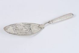 A GEORGE III SILVER FISH SLICE, the oval shaped blade with pierced and engraved decoration including