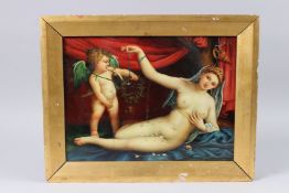A 19TH/20TH CENTURY PAINTED PORCELAIN RECTANGULAR PLAQUE, depicting a reclining female nude with