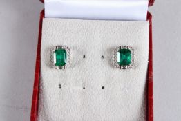 A PAIR OF 18CT WHITE GOLD AND FINE EMERALD AND DIAMOND EAR STUDS, emeralds approx 3.60cts,
