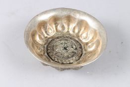 A CHINESE ORNATE WHITE METAL PEDESTAL BOWL, 4¾in diameter.