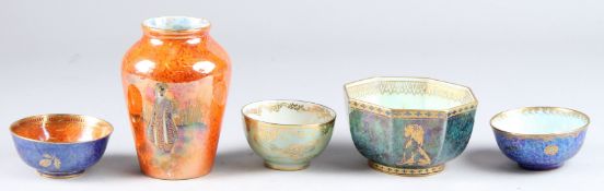 AN ORANGE LUSTRE VASE with Chinese decoration and four small lustre bowls.