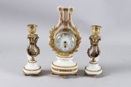 A SMALL LOUIS XVITH STYLE WHITE MARBLE AND ORMOLU LYRE, THREE PIECE CLOCK SET. Clock 11ins high,