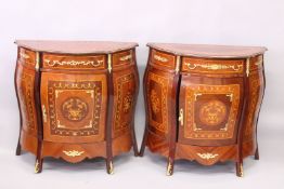 A PAIR OF FRENCH STYLE MAHOGANY, MARQUETRY AND ORMOLU BOMBE CHESTS, each with a single drawer