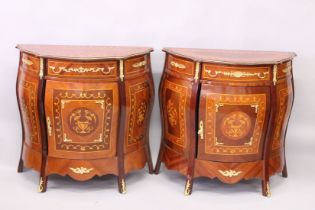 A PAIR OF FRENCH STYLE MAHOGANY, MARQUETRY AND ORMOLU BOMBE CHESTS, each with a single drawer