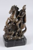 A SMALL BRONZE GROUP OF GEORGE SLAYING THE DRAGON, mounted on a marble base, 8.5in high.
