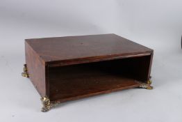 A BURR WOOD OPEN STORAGE BOX, on four ornate ormolu feet, 16in wide x 11in diameter x 6in high.