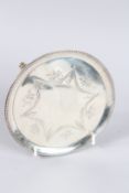 A GEORGE III SILVER SALVER OR WAITER, with a bead decorated border, bright cut engraved decoration