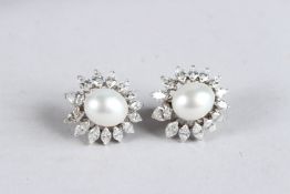 A PAIR OF PLATINUM FINE SOUTH SEA PEARL AND MARQUISE DIAMONDS, diamonds approx 8cts.