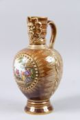 A LATE 19TH CENTURY BERLIN TREACLE GLAZED PORCELAIN MASK JUG, with a painted panel depicting