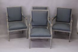 A SET OF FOUR FRENCH DESIGN GREY PAINTED AND UPHOLSTERED BEECH FRAMED FAUTEUILS, with square backs