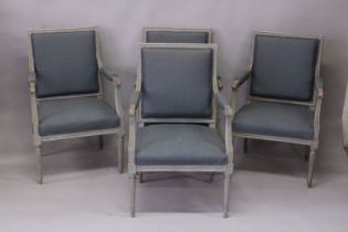 A SET OF FOUR FRENCH DESIGN GREY PAINTED AND UPHOLSTERED BEECH FRAMED FAUTEUILS, with square backs