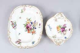 A FLORAL RECTANGULAR DISH, 12ins long, and an oval dish, 9ins long