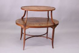 EDWARDS & ROBERTS, A VERY GOOD SATINWOOD AND MARQUETRY OVAL TWO-TIER ETAGERE, both tiers inlaid with