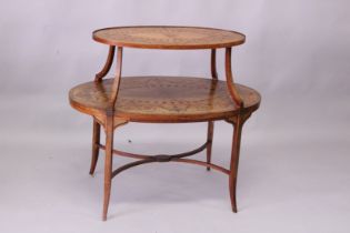EDWARDS & ROBERTS, A VERY GOOD SATINWOOD AND MARQUETRY OVAL TWO-TIER ETAGERE, both tiers inlaid with