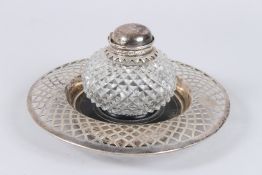 A SILVER MOUNTED, HOBNAIL CUT GLASS INKWELL ON STAND, London 1850, 7in diameter.
