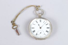 A SILVER POCKET WATCH, white enamel dial with Roman numerals and subsidiary seconds dial, 1¾in