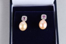 A PAIR OF 18CT WHITE GOLD, PINK SAPPHIRE, PINK PEARL AND DIAMOND DROP EARRINGS.
