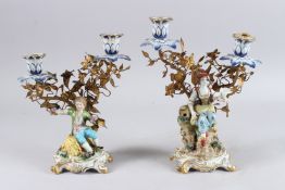 A PAIR OF 19TH CENTURY CAPODI MONTE PORCELAIN AND GILT METAL TWO LIGHT CANDLESTICKS with a young